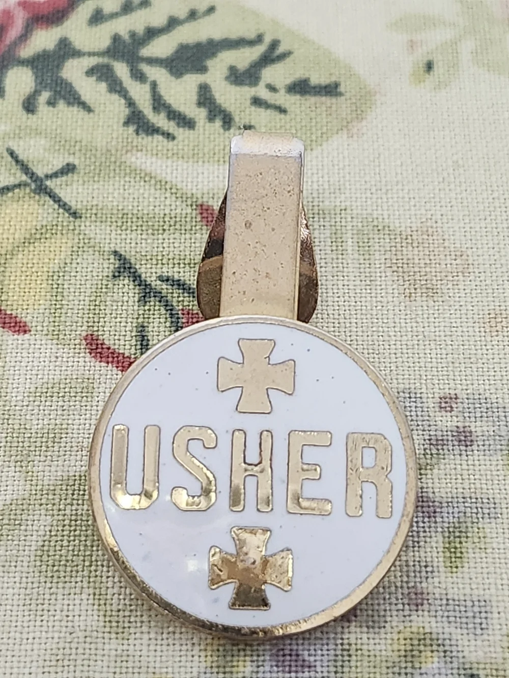 Usher Gold and White Enamel Logo Brooch Tie Clip